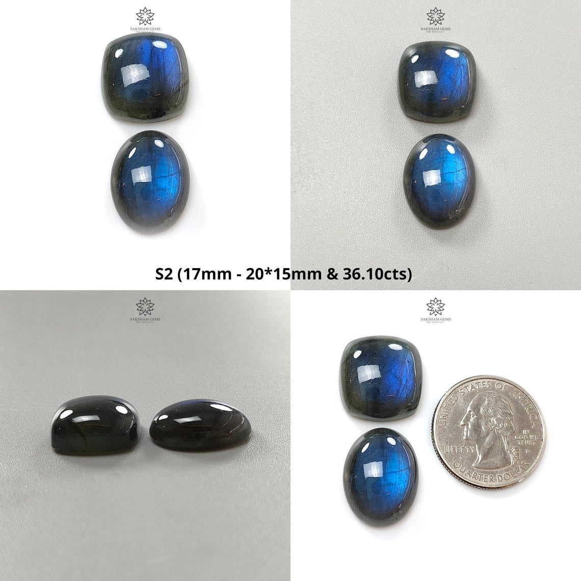 Natural Blue Labradorite Gemstone Cabochon Set - Untreated Oval, Baguette & Cushion Shapes (2pcs) for Jewelry Making, Wire Wrapping & Healing Crystal Collection