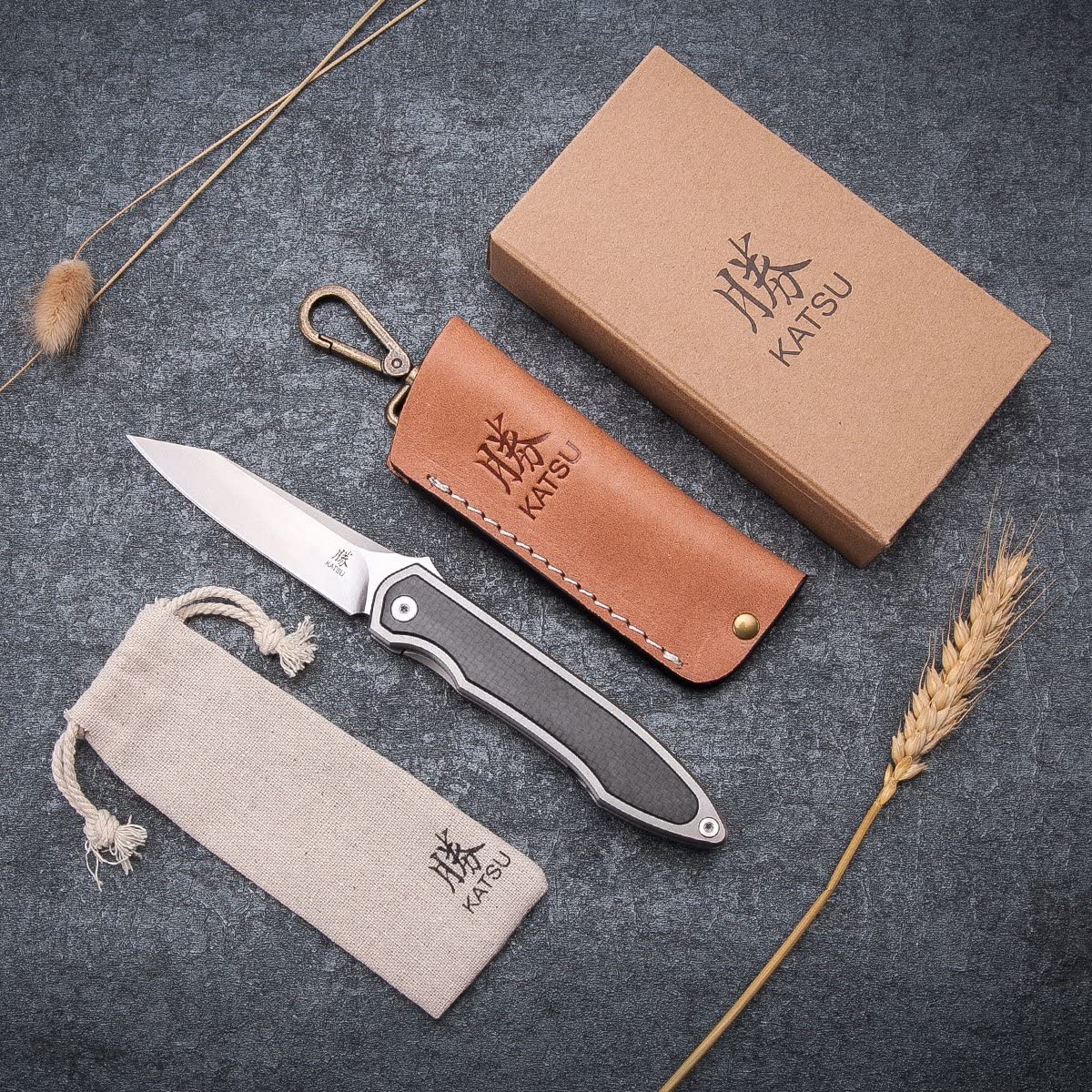 KATSU JT02 Titanium Carbon Fiber Knife - VG10 Stainless Steel Blade with Leather Sheath - Outdoor Camping, Hunting & Survival Gear