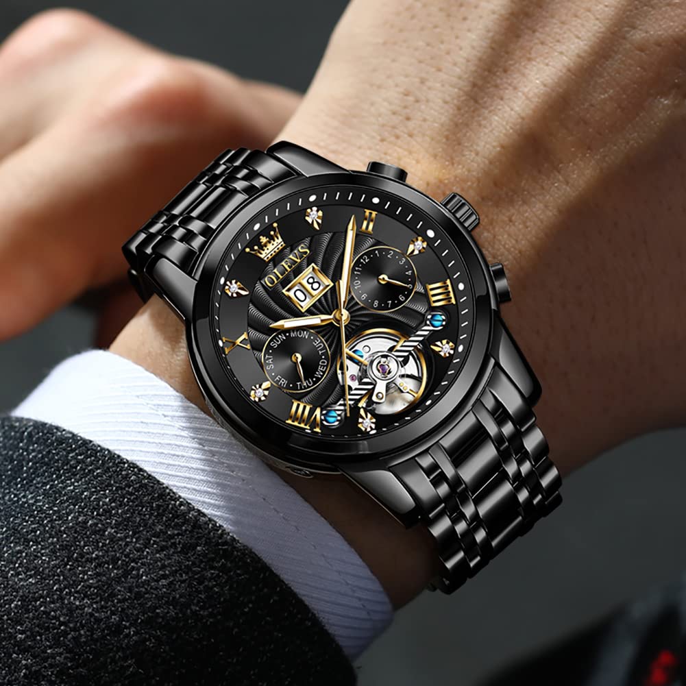 OLEVS Men's Automatic Skeleton Watch - Self-Winding Mechanical Watch with Luminous Hands, Waterproof, Diamond Accents, Week & Month Display - Perfect for Business, Dress & Casual Wear