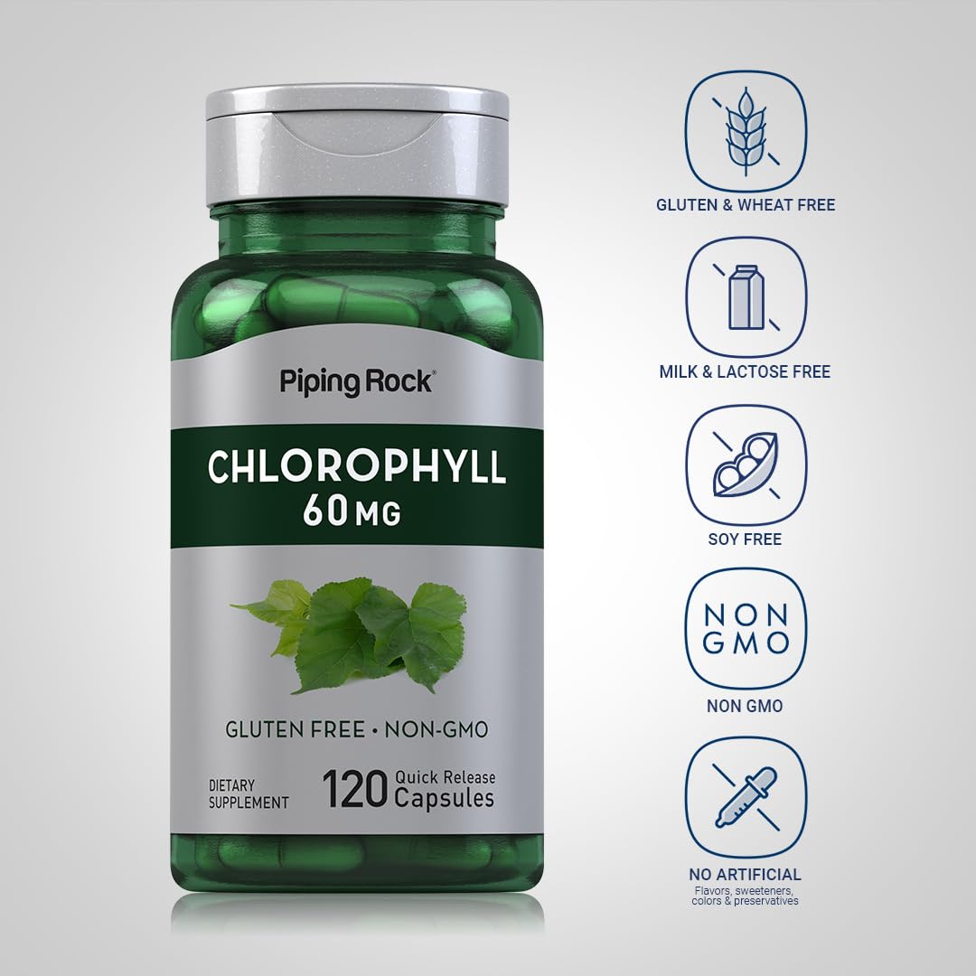 Piping Rock Chlorophyll Capsules 60mg - 120 Count | Non-GMO, Gluten Free Liquid Chlorophyll Supplement for Detox & Energy Boost | Supports Digestion & Skin Health | Perfect for Daily Wellness Routine & Detox Programs