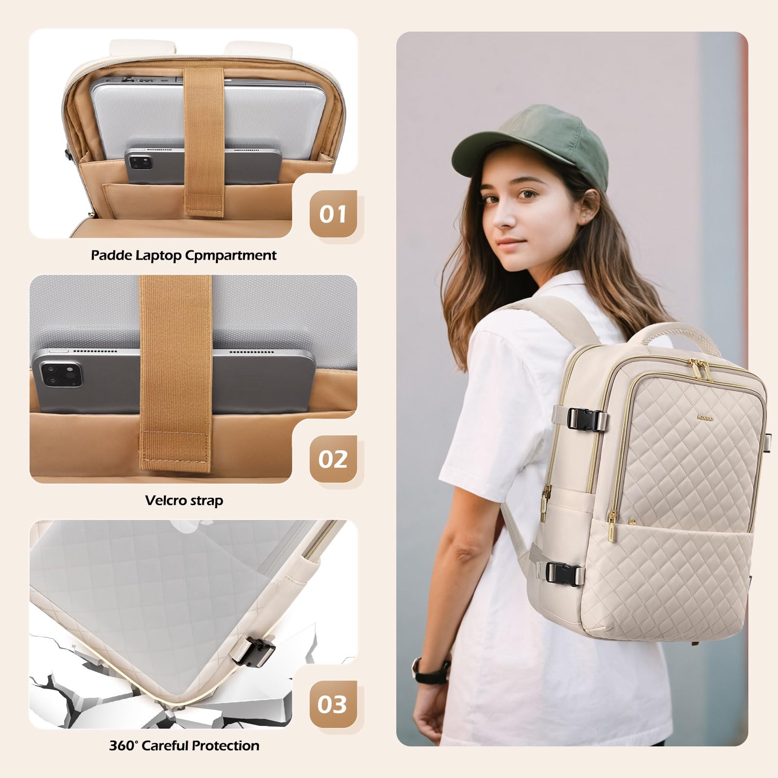 Large Travel Backpack for Women & Men - 36L Lightweight Waterproof Carry On Backpack Fits 15.6 Inch Laptop, Perfect for College, Work, Hiking & Daily Commute - Beige