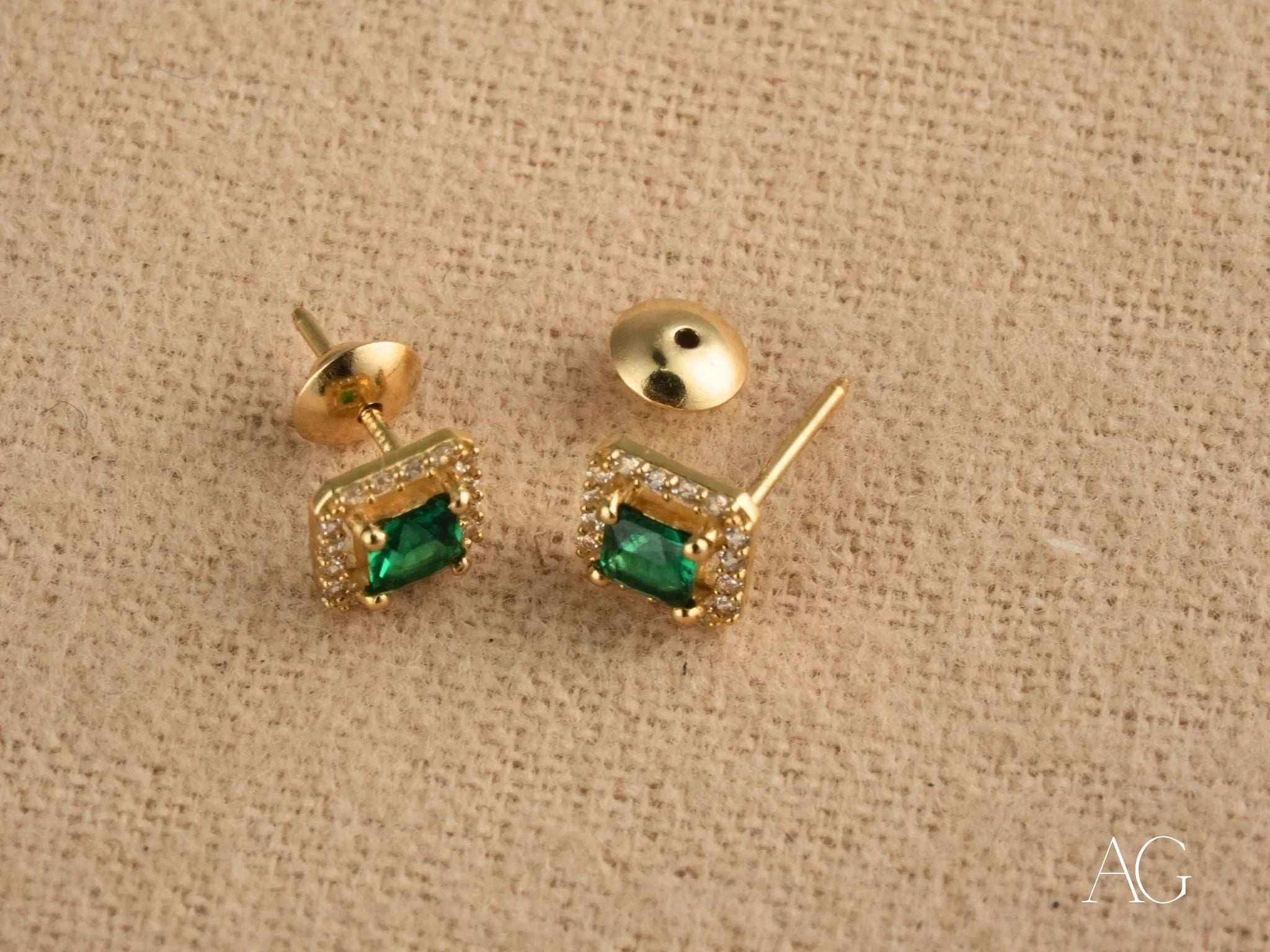 18k Gold CZ Halo Stud Earrings with Emerald Radiance - Elegant Jewelry for Women, Perfect for Weddings, Parties & Special Occasions