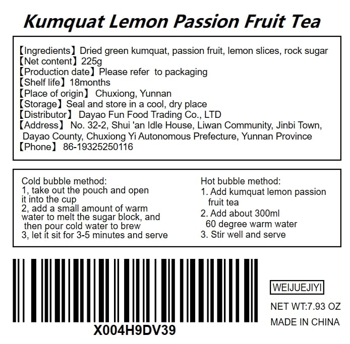 Premium Kumquat Lemon Passion Fruit Tea - 225g (15g x 15 Pack) | Natural Sour & Sweet Blend | No Additives | Perfect for Iced Tea, Gift Giving & Relaxation