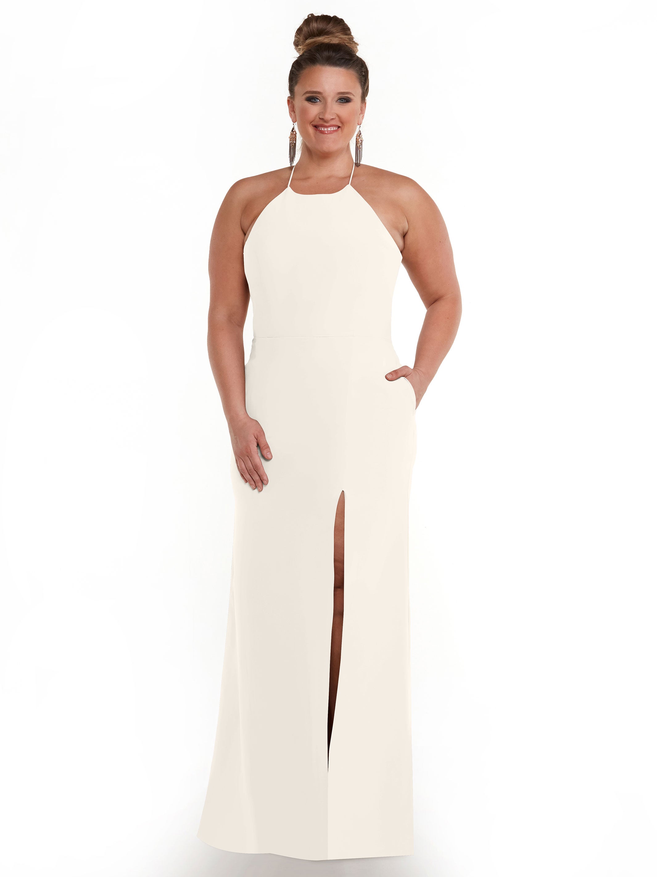 Elegant 83026 Sheath Stretch Chiffon Bridesmaid Dress with Halter Neckline & High Slit - Perfect for Weddings, Formal Events & Evening Parties