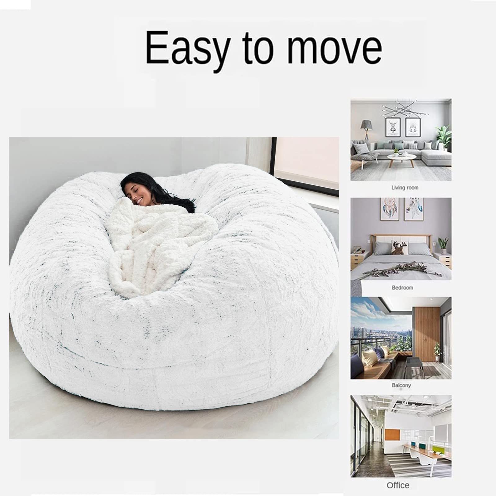 Giant Fluffy Faux Fur Bean Bag Chair for Adults - Oversized Round Soft Lazy Sofa Bed (86x56cm, White) | Perfect for Living Room, Bedroom & Game Room Relaxation