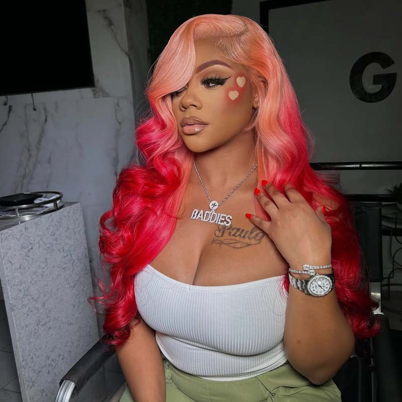 Eullair Ombre Pink Red Body Wave Lace Front Wig - 2-Tone Human Hair Lace Wig for Women | Natural Look for Parties, Cosplay & Daily Wear