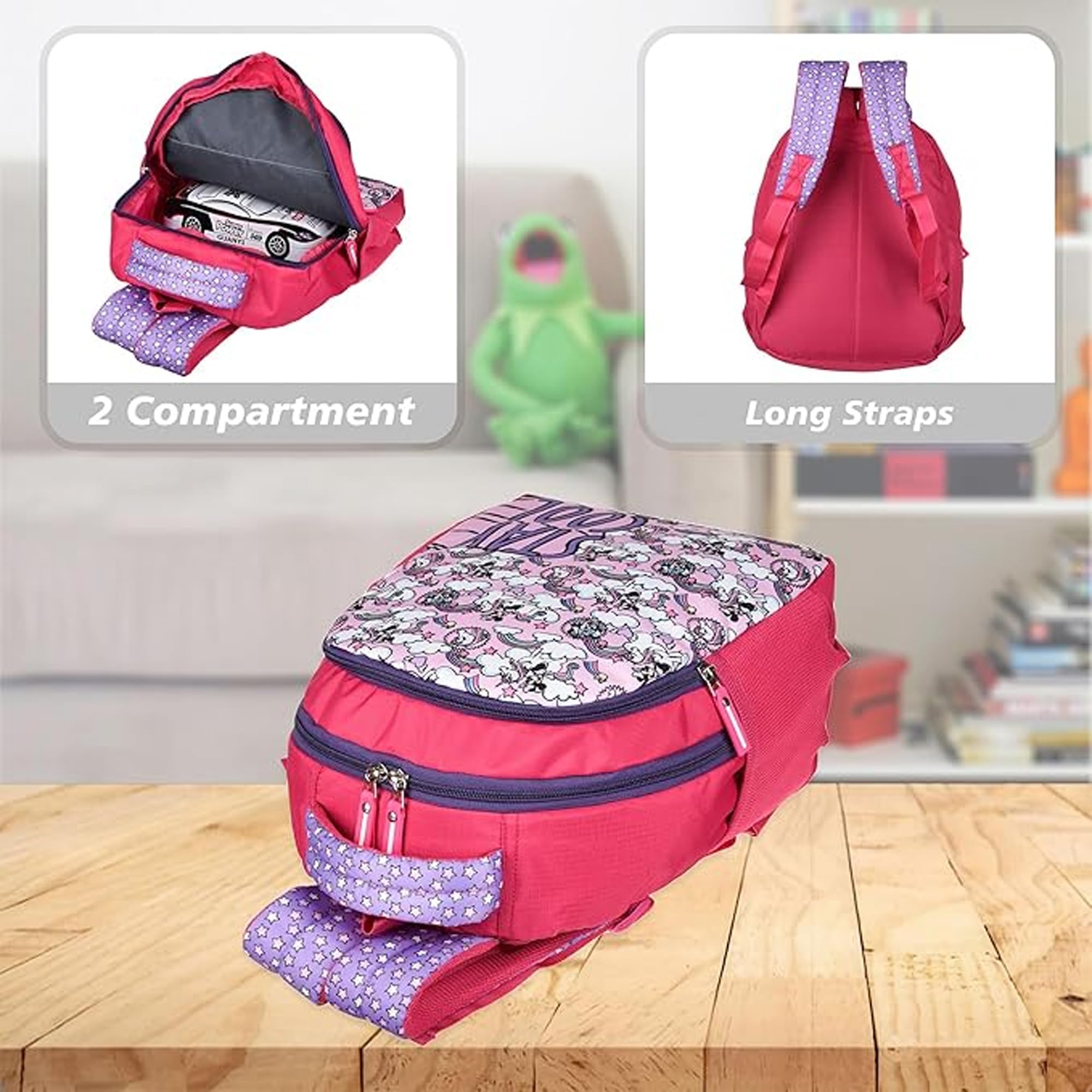 Kuber Industries Unicorn Themed Kids Backpack - Water Resistant School Bag with 4 Compartments, Cute Pink Bookbag for Girls | Perfect for School, Travel, and Daily Use