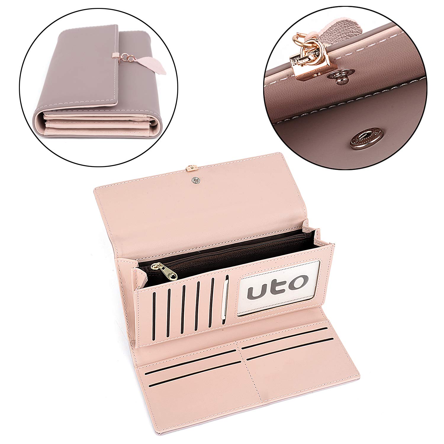 UTO RFID Blocking Wallet for Women - PU Leather Leaf Pendant Card Holder with Zipper Coin Purse | Phone & Checkbook Organizer | Perfect for Travel, Shopping & Everyday Use