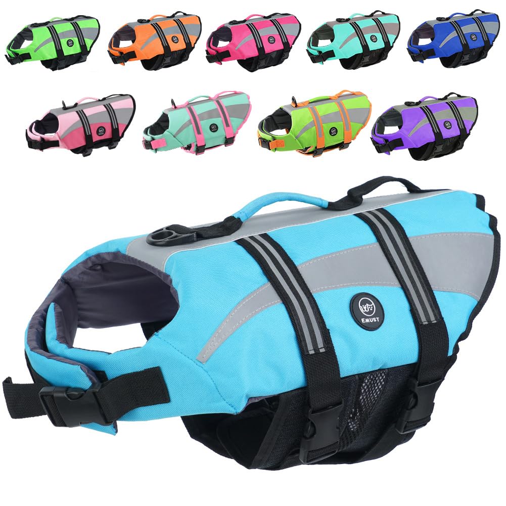 EMUST Dog Life Jacket - Lightweight Pet Life Vest for Small, Medium, Large & XL Dogs - Adjustable Buoyancy Swim Vest for Swimming, Boating & Water Activities - Blue XL Size for Big Dogs