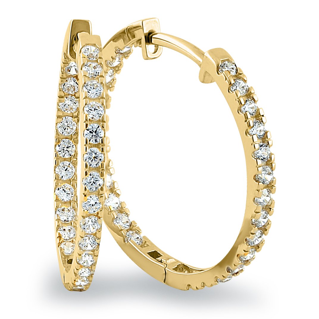 14K Yellow Gold 1.3mm x 20mm Cubic Zirconia Hoop Earrings for Women - Classic Minimalist CZ Stud Earrings for Everyday Wear, Parties & Gifts
