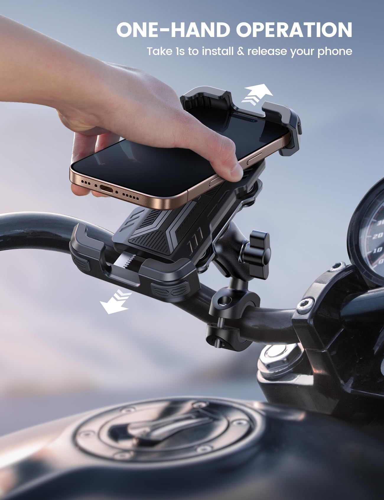 Lamicall Motorcycle Phone Mount Holder - Dual Vibration Dampener & Metal Adjustment Arm, Universal Bike Handlebar Phone Mount for iPhone 16/15/14/13 Pro Max & 4.7-6.7