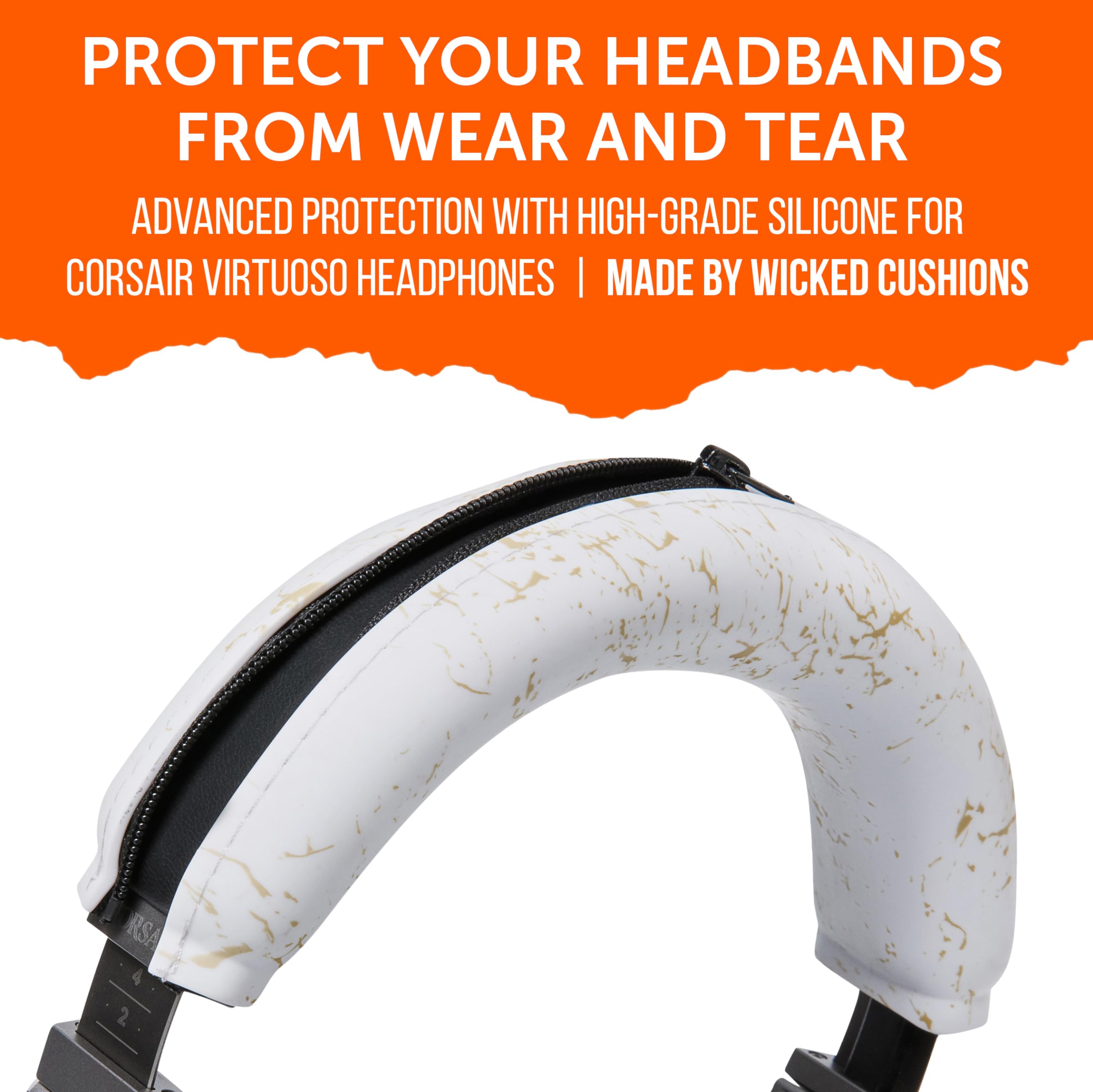 Wicked Cushions WC BandZ Virtuoso V2 Silicone Headband Cover - Compatible with Corsair Virtuoso Wireless, XT & SE Headphones | Machine Washable, Anti-Slip, No Flaking Leather Replacement | Gold Marble Design | Perfect for Gaming, Work & Travel Comfort