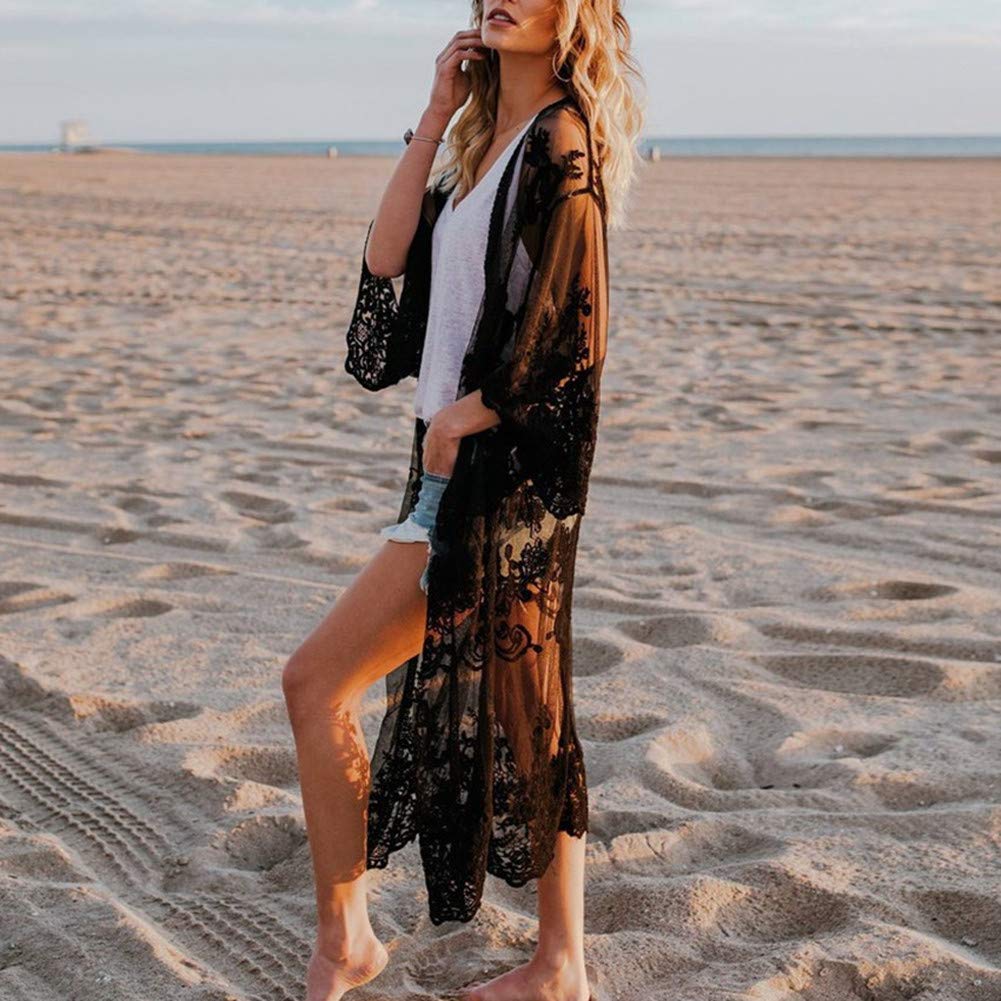 Women's Lace Floral Crochet Bohemian Kimono Cardigan Cover Up - Lightweight Beachwear for Summer, Seaside, Vacation & Music Festivals