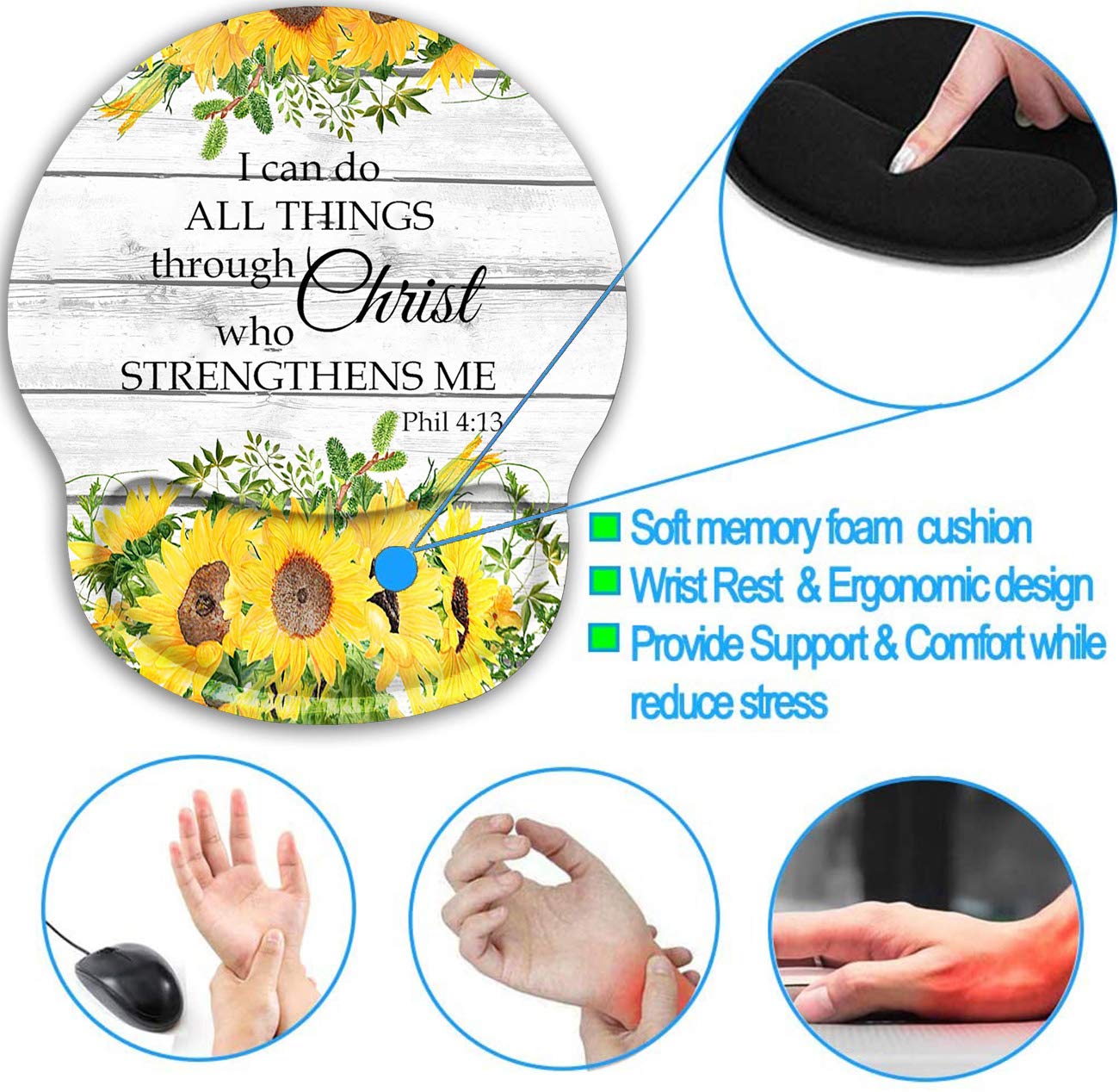 Ergonomic Mouse Pad with Gel Wrist Support - Non-Slip PU Base for Computer & Office Use - Gaming Mousepad with Pain Relief - Bible Verse Philippians 4-13 & Sunflower Design - Includes Cup Coaster - Perfect for Home Office, Gaming Setup & Workstation Comfort