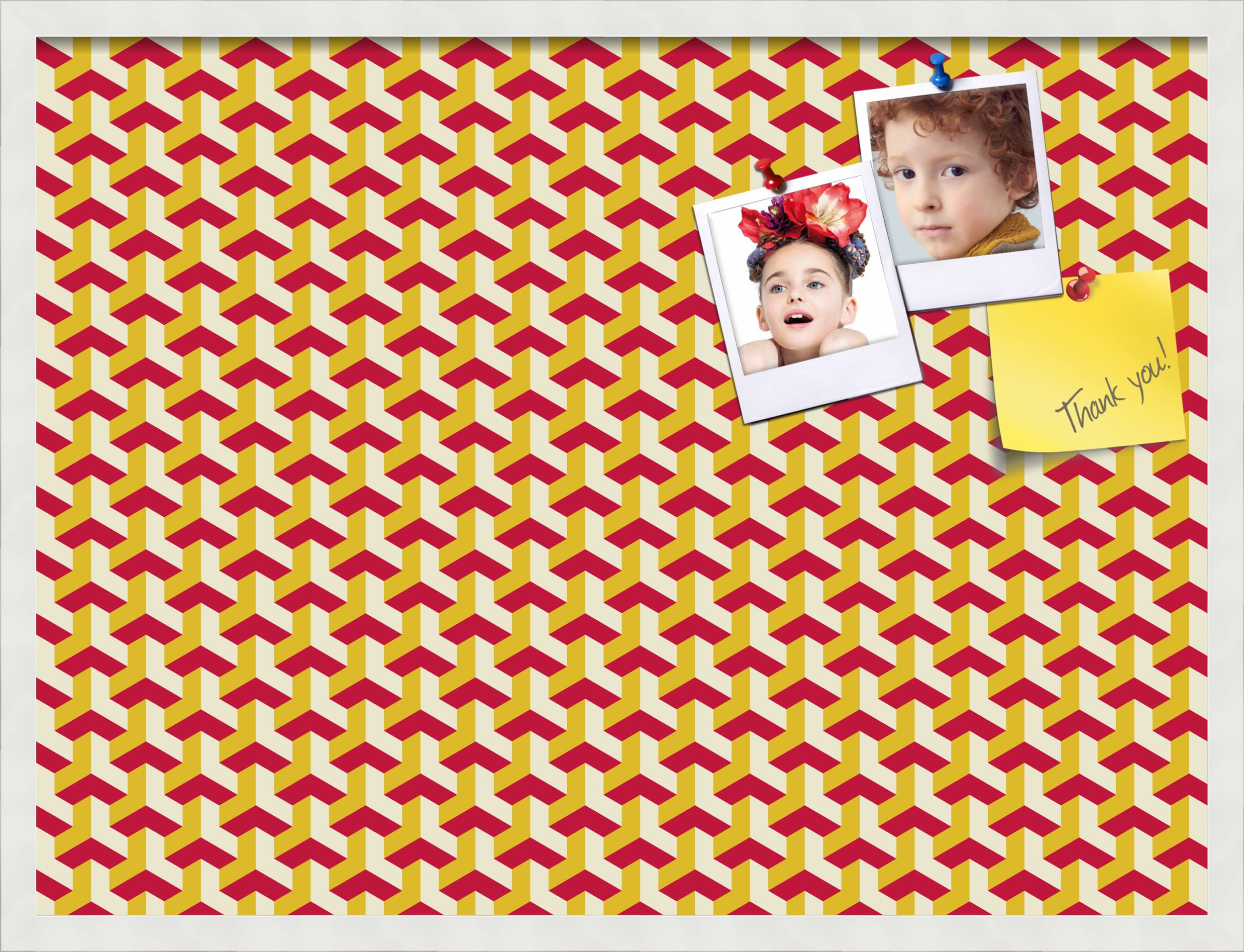 PinPix 32x24 Inch Cork Bulletin Board with Red Gold BAUS Design & White Satin Frame - Stylish Wall Organizer for Home Office Decor, School Classroom, Dorm Room, or Workspace (PinPix-1533)