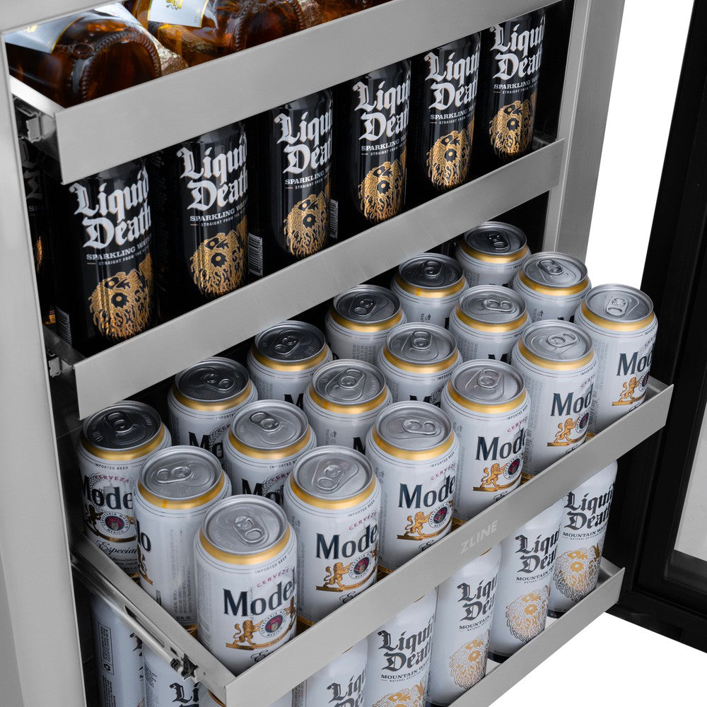 ZLINE Autograph Edition 24 Inch Touchstone 151 Can Beverage Refrigerator - White Matte Glass Door with Matte Black Handle - Compact Drink Cooler for Home Bar, Office, or Man Cave (RBSOZ WM 24 MB)