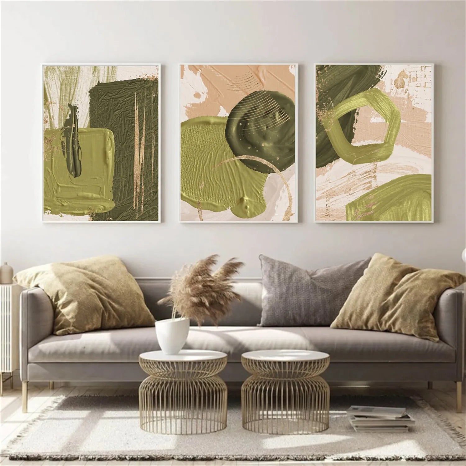 Abstract Blue & Green Wall Art Set of 3 Canvas Paintings - Modern Home Decor for Living Room, Bedroom & Office #BG083