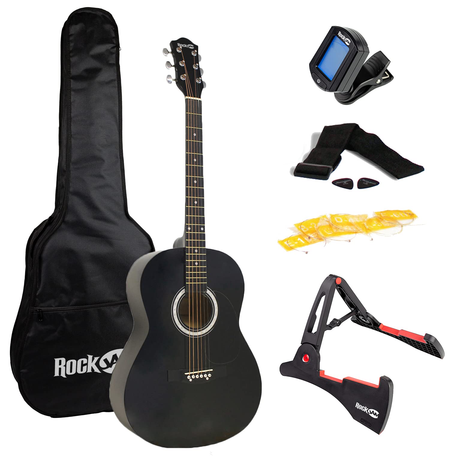 RockJam 6-String Acoustic Guitar Super Kit with Stand, Gig Bag, Tuner, Picks, Strings & Online Lessons - Right-Handed Black Full Size (RJW-101-BK-PK) - Perfect for Beginners, Home Practice & Live Performances