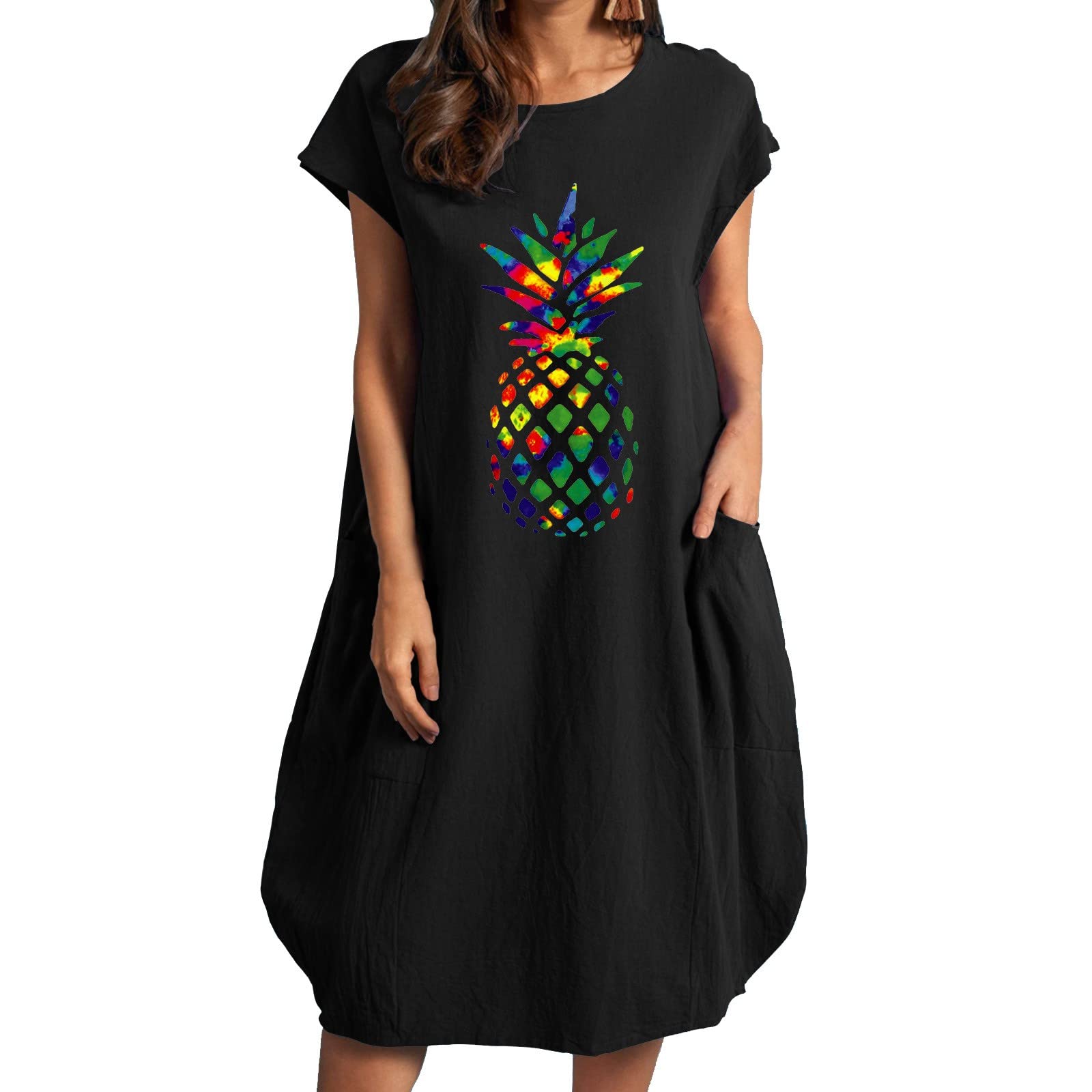 Smileyth Women's Pineapple Print Loose Short Sleeve Summer Dress - Cotton Linen Round Neck Knee-Length Sundress with Pockets (Black, Size S) | Perfect for Beach Vacations, Casual Outings & Summer Parties