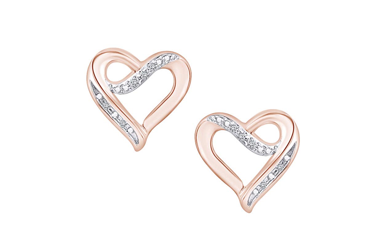14K Gold Over Sterling Silver Round White Natural Diamond Heart Stud Earrings (I-J Color, I2-I3 Clarity, 0.07 Cttw) - Perfect for Valentine's Day Gifts, Anniversary Presents & Romantic Occasions