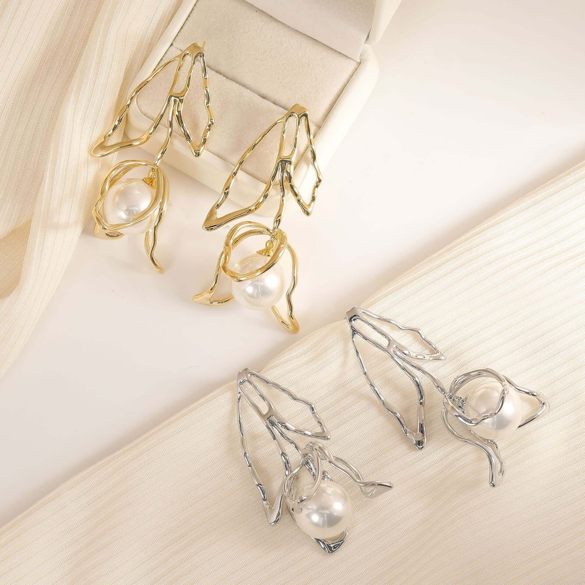 Elegant Large Two-Tone Flower Pearl Drop Earrings for Women | R0919 | Perfect for Weddings, Parties & Special Occasions