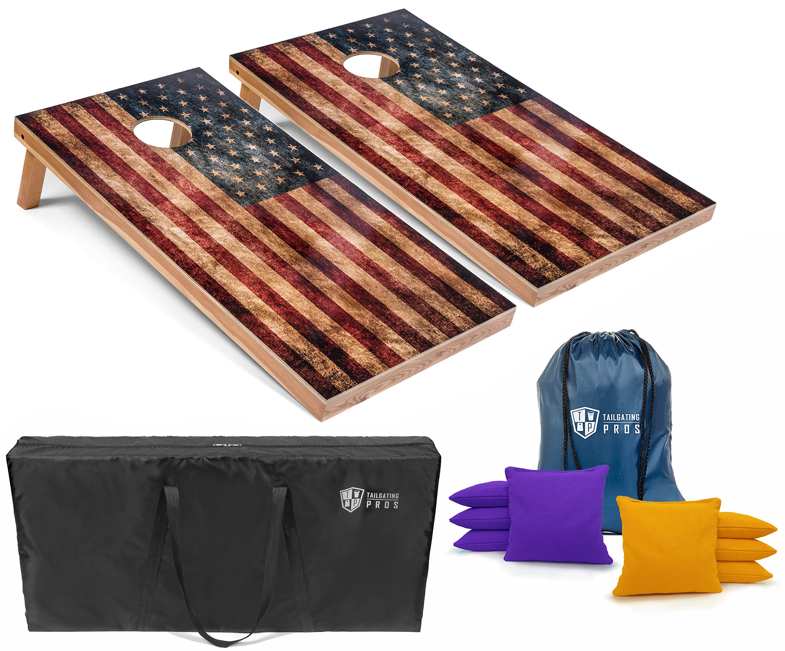Rustic American Flag Cornhole Boards Set with LED Ring & Carrying Case – 4'x2' Distressed Wooden Cornhole Game with 8 Bean Bags – Perfect for Tailgating, Backyard Parties, and Outdoor Family Gatherings