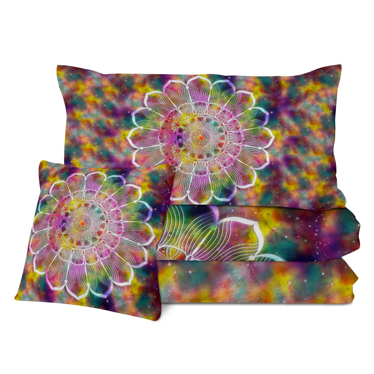 Boho Abstract Mandala Queen Comforter Set - Lightweight Bohemian Galaxy Quilt with Sparkle Stars, Psychedelic Bedspread (Purple) - Perfect for Bohemian & Hippie Bedroom Decor, Dorm Room, or Guest Room