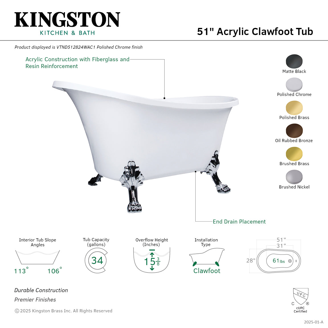 Aqua Eden 51 Inch Acrylic Oval Double Slipper Clawfoot Bathtub - Glossy White with Brushed Nickel Feet - Freestanding Soaking Tub for Spa-Like Bathroom Retreat - No Faucet Drillings Required - Perfect for Vintage & Modern Bathroom Designs