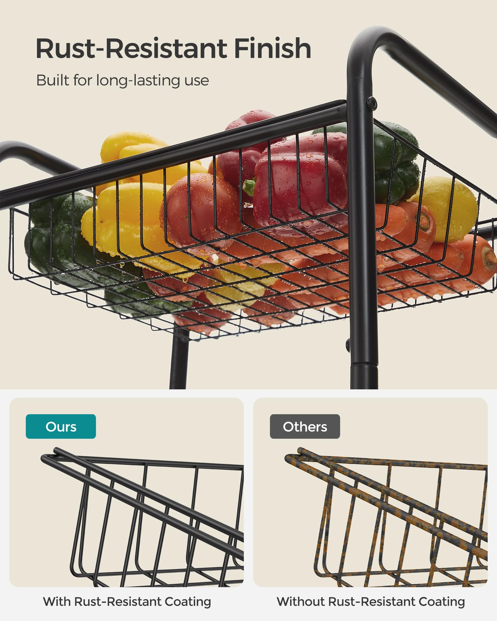 SONGMICS 3-Tier Metal Rolling Cart with Wheels & Lockable Baskets, Utility Trolley with Handles for Kitchen Storage, Bathroom Organization & Closet Shelving - Removable Shelves, Black UBSC03BK | Perfect for Home, Office & Dorm Room Organization