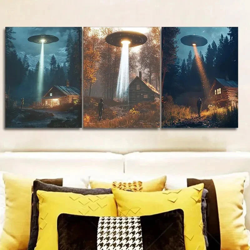 3-Piece Alien Ship Wall Art Set - Framed Canvas 40x60cm | High Quality Print | 100% Australian Made | Ready to Hang | Perfect for Sci-Fi Bedroom, Living Room & Office Decor