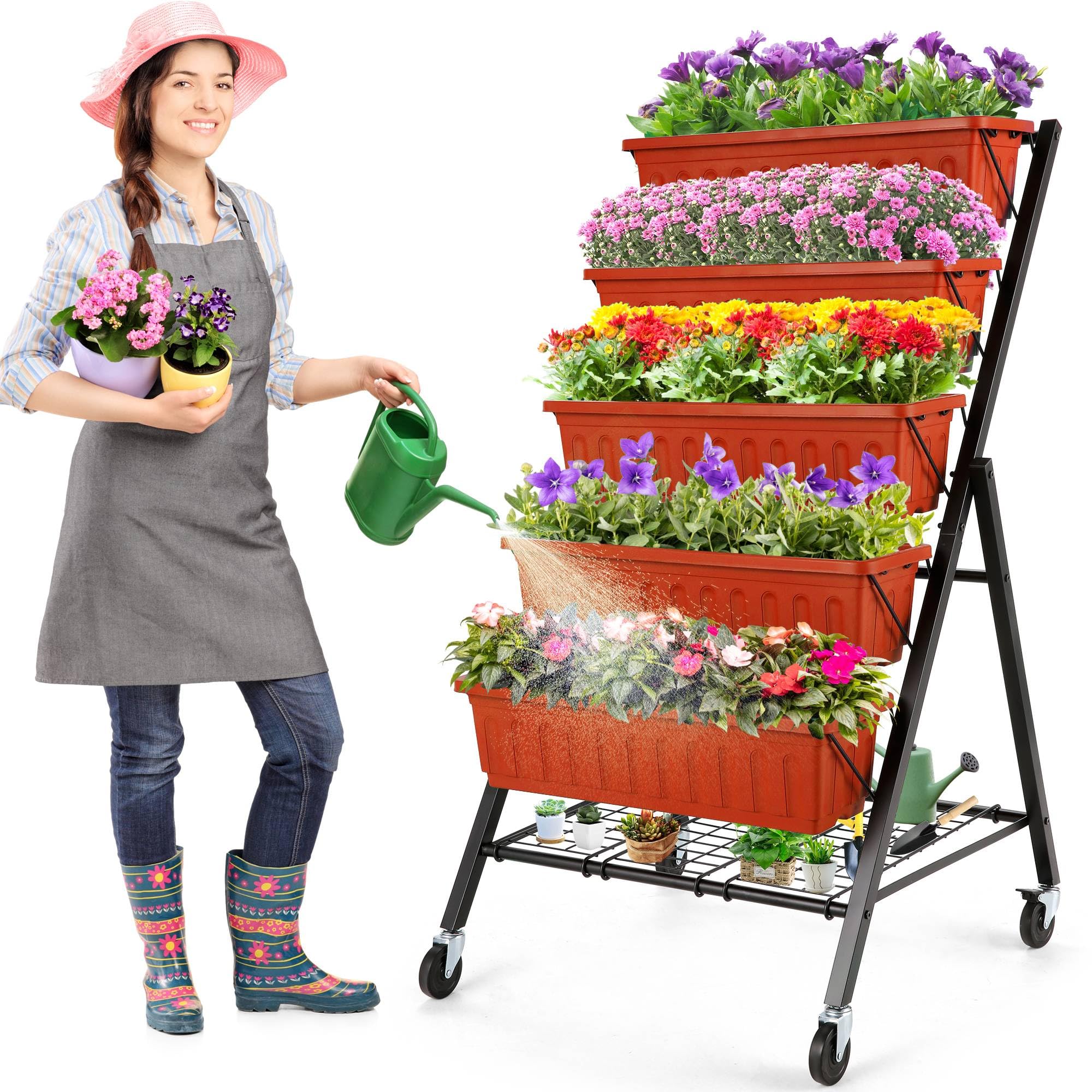 Homdox 4FT Vertical Garden Bed - 5 Tier Raised Planter Stand for Vegetables & Flowers (25.6x26x48 Inch) with 4 Hooks, 4 Wheels & Storage Rack - Brown | Perfect for Small Spaces, Balconies, Patios & Indoor Gardening