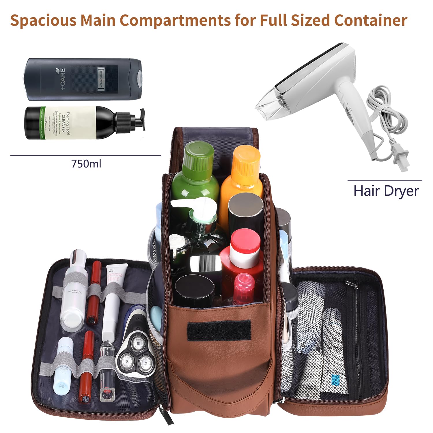 Buruis Extra Large Waterproof Travel Toiletry Bag for Men - PU Leather Dopp Kit Organizer with Multiple Pockets for Shaving, Grooming & Cosmetic Accessories (Brown) - Perfect for Business Trips, Gym, Camping & Vacation Essentials
