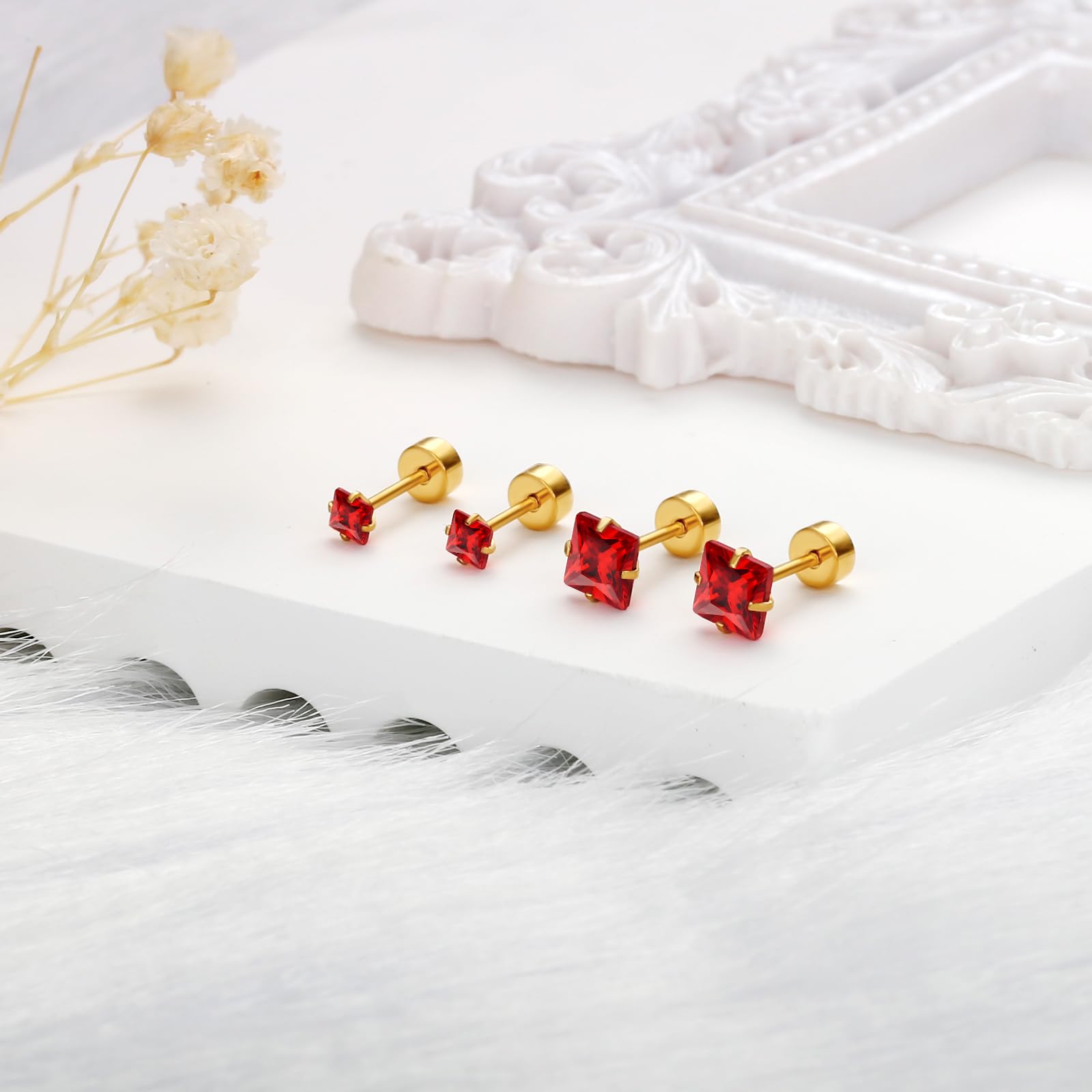2 Pairs Flat Back Earrings for Women - 18K Gold Plated Stud Earrings Set (3mm & 5mm) | Hypoallergenic Nap Earrings | Red Stud Earrings for Everyday Wear | Perfect for Work, Date Night & Special Occasions
