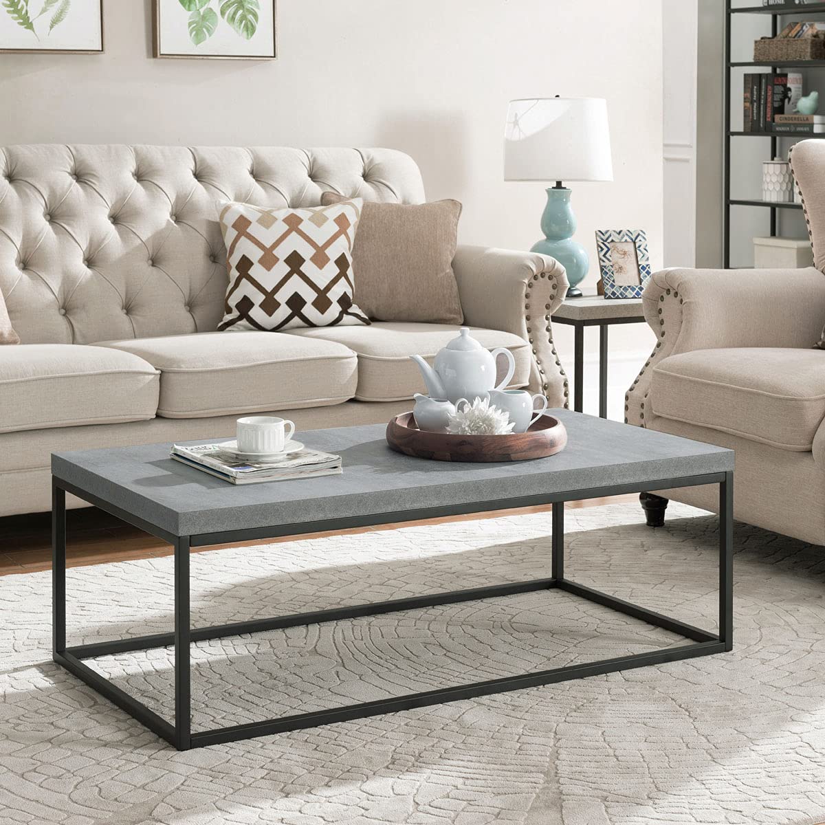Modern Concrete Coffee Table with Industrial Vintage Wood & Metal Accents - 47 Inch Rectangular Cocktail Center Table Ottoman for Living Room (Gray Marble) | Perfect for Mid-Century Modern, Farmhouse & Loft Style Decor