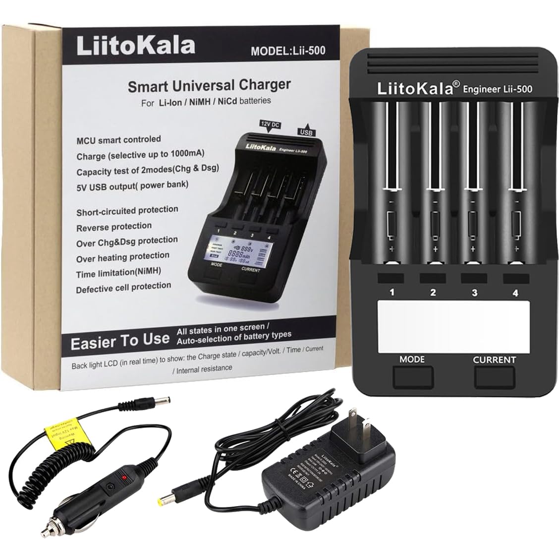 LiitoKala Lii-500 Smart Universal Battery Charger with LCD Display - Compatible with 18650, 26650, AA, AAA Batteries - Capacity Testing & Touch Button - Perfect for Home, Office, and Travel Use