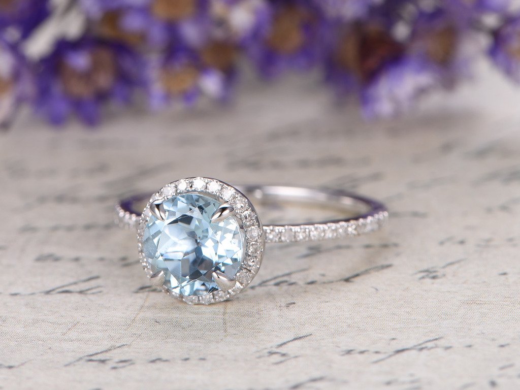 3pcs Aquamarine Engagement Ring Set - 7mm Blue Gemstone Halo Wedding Band for Brides