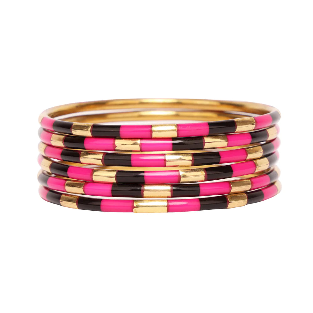 BuDhaGirl Veda X Bangles Set of 6 - Stylish Pink & Black Adjustable Meditation Bracelets for Yoga, Mindfulness & Everyday Wear