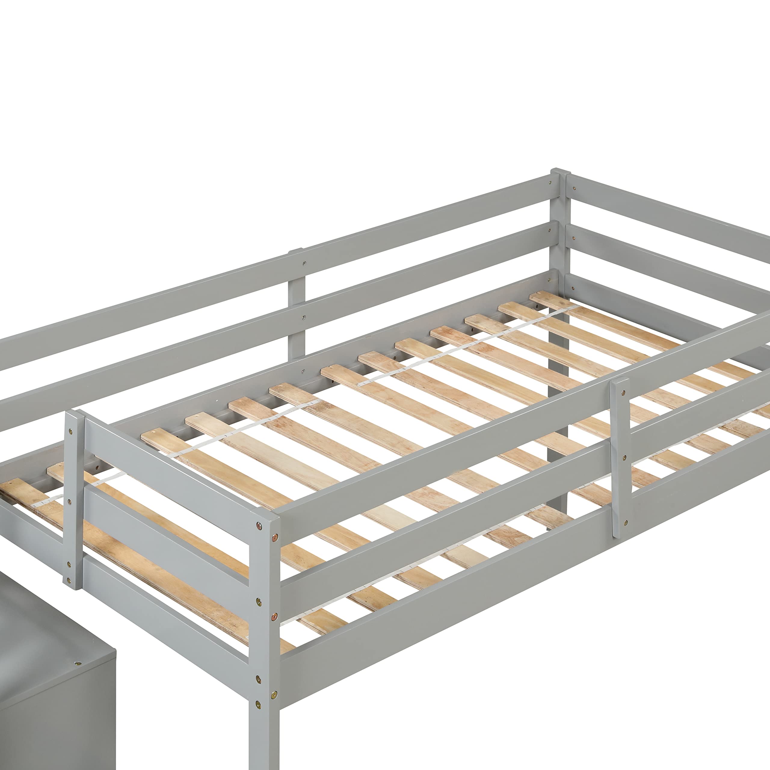 Bellemave Twin Size Low Loft Bed for Kids with Storage Staircase - Sturdy Wood Loft Bed Frame for Boys, Girls & Teens (Gray) - Perfect for Small Bedrooms, Dorm Rooms & Space-Saving Kids' Rooms