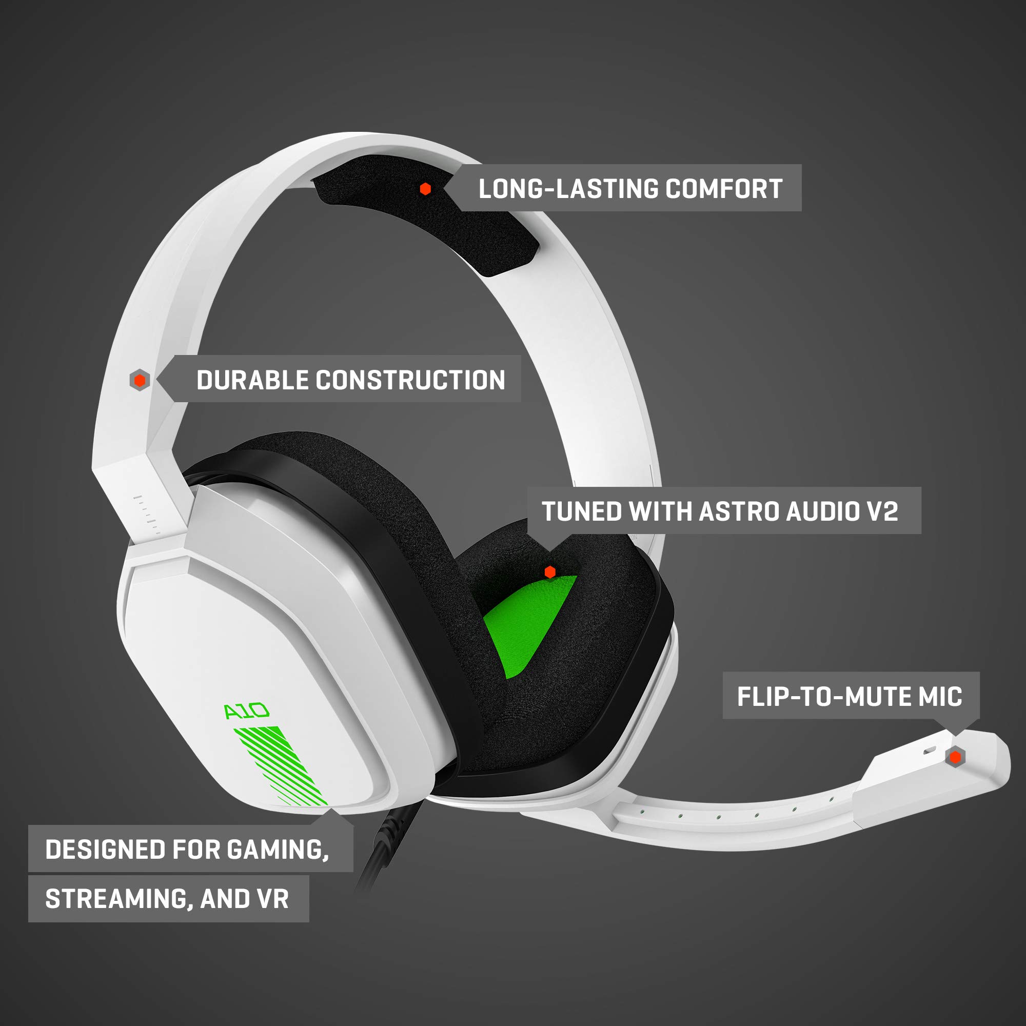 ASTRO Gaming A10 Wired Gaming Headset - Lightweight, Durable Headphones with 3.5mm Audio Jack for Xbox Series X|S, Xbox One, PS5, PS4, Nintendo Switch, PC & Mac (White/Green) - Perfect for Competitive Gaming & Long Sessions