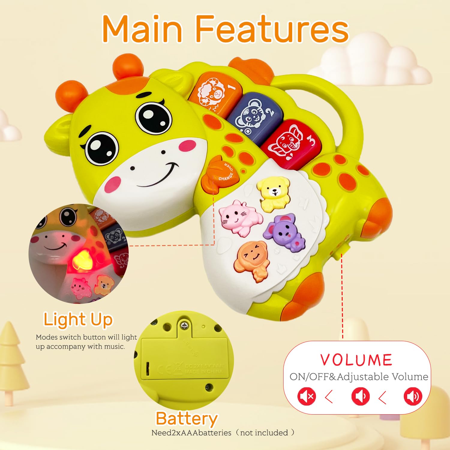 Light Up Musical Baby Piano Toy for Toddlers 18+ Months - Early Learning Educational Keyboard for Infant Boys & Girls - Perfect Gift for Birthdays & Playtime (Giraffe Design)