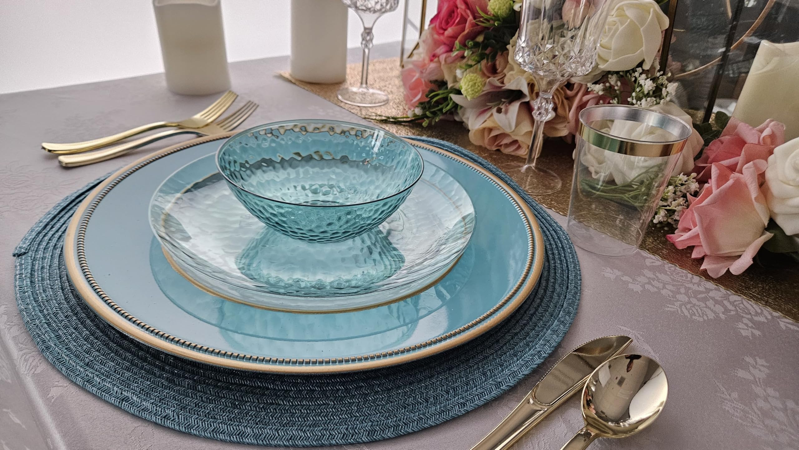 120-Piece Washable & Heat-Resistant Handcrafted Woven Polyester Table Mats Set - Round Turquoise Blue/Green Tuscany Design for Dining Table Decor, Party Centerpiece & Home Entertaining