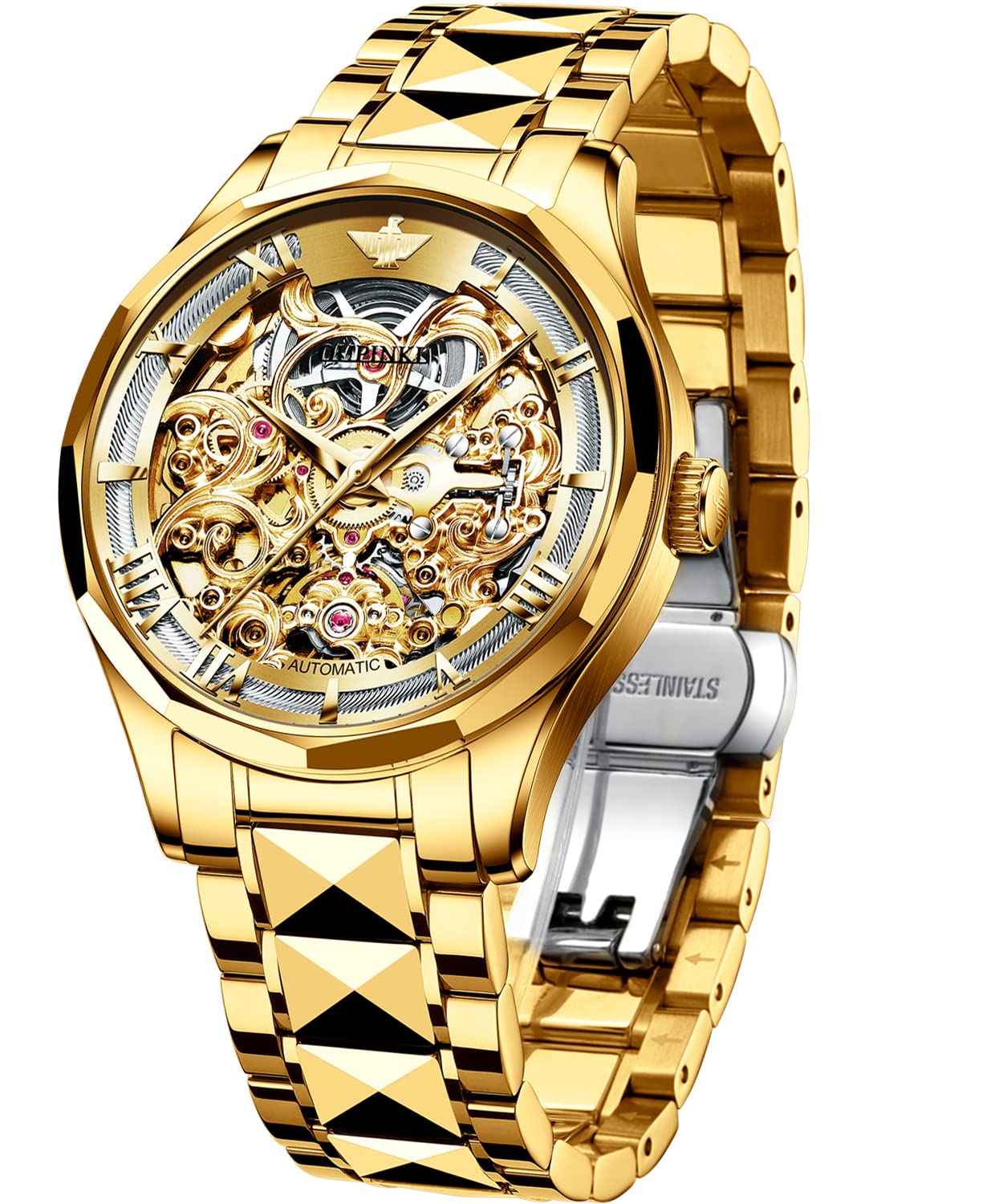 OUPINKE Swiss Luxury Men's Skeleton Automatic Mechanical Watch - Self-Winding, Sapphire Crystal, Tungsten, Waterproof - Perfect for Business, Formal Events & Gift Giving