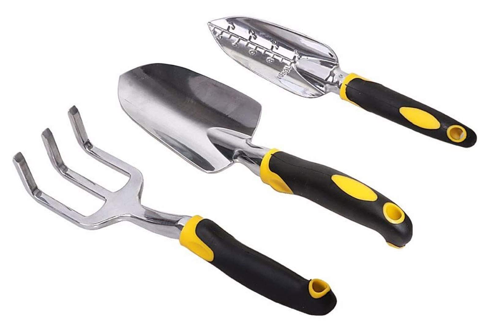 Premium 3-Piece Gardening Tool Set - Durable Aluminum Alloy with Ergonomic Two-Tone Handles | Includes Metal Rake, Spatula & Soil Scoop | Perfect for Planting, Weeding & Flower Bed Maintenance