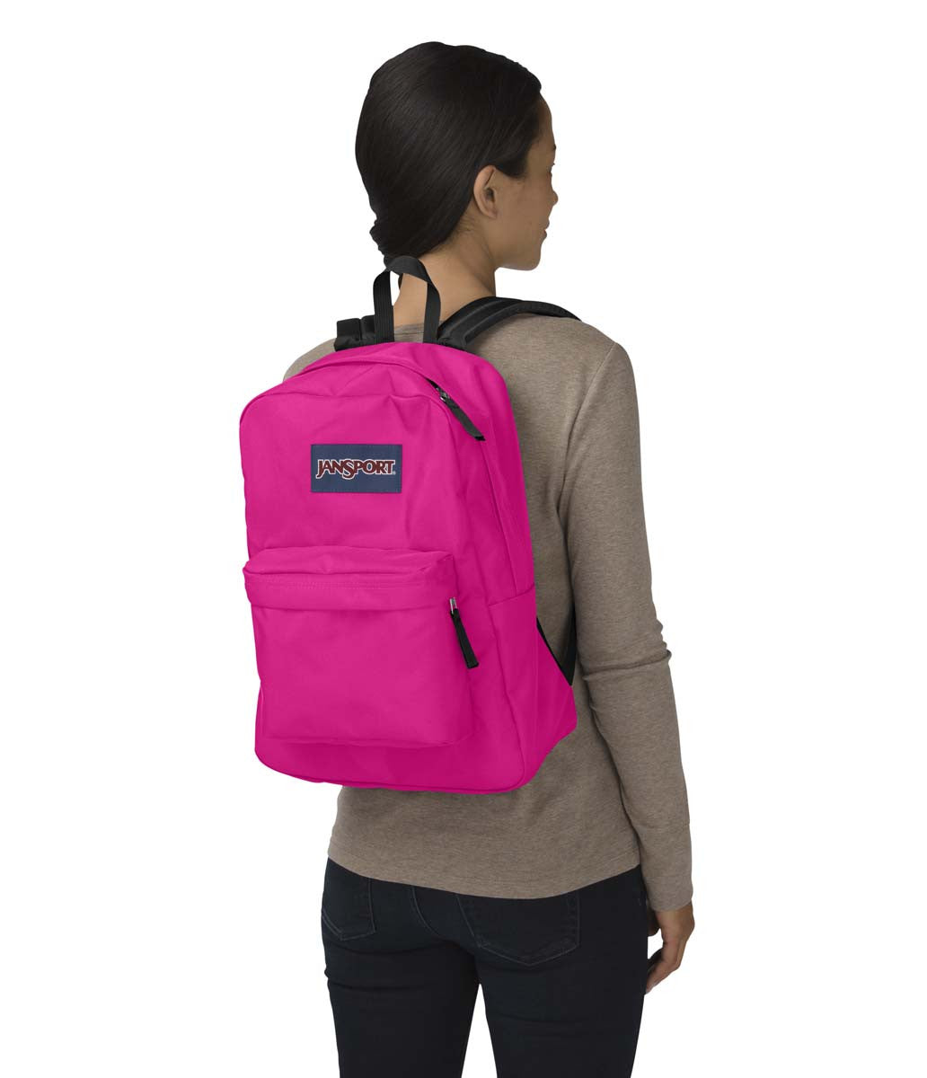 JANSPORT Superbreak Backpack - Lightweight Laptop School Backpack for Women & Men, Water-Resistant College Bookbag with 15-Inch Laptop Sleeve in Cyber Pink - Perfect for School, Work, Travel & Daily Commute