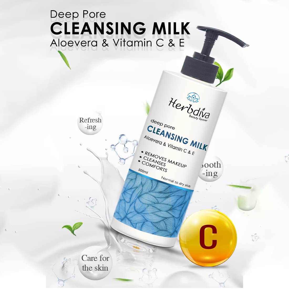 Herbdiva Vitamin C & E Cleansing Milk 500ml - Deep Pore Cleanser for Radiant Skin | Gentle Face Wash for Daily Skincare Routine & Makeup Removal