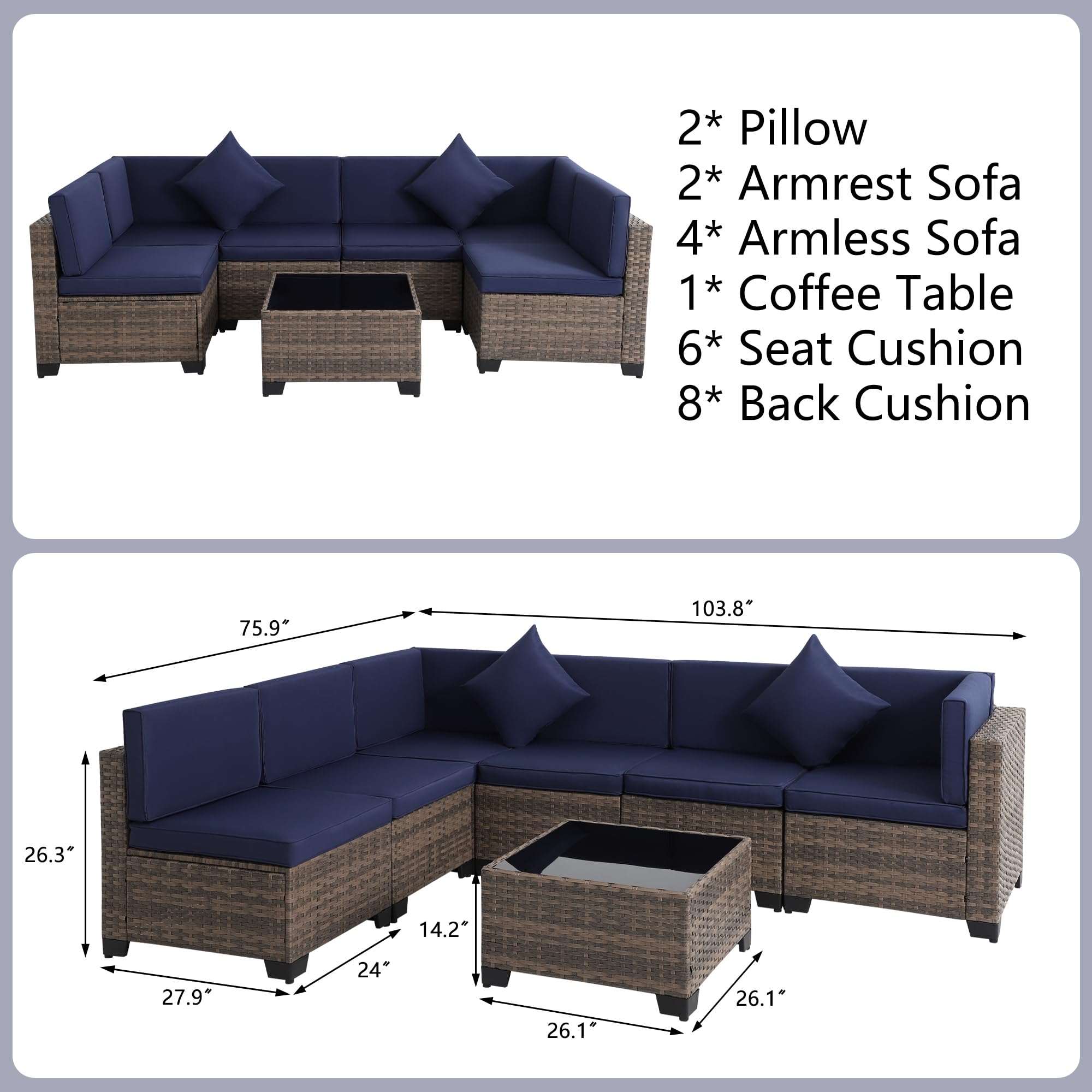 KIGOTY 7-Piece Modular Outdoor Sectional Sofa Set - All-Weather PE Rattan Wicker Patio Furniture with Cushions & Coffee Table (Brown/Navy) - Perfect for Backyard, Poolside & Garden Relaxation