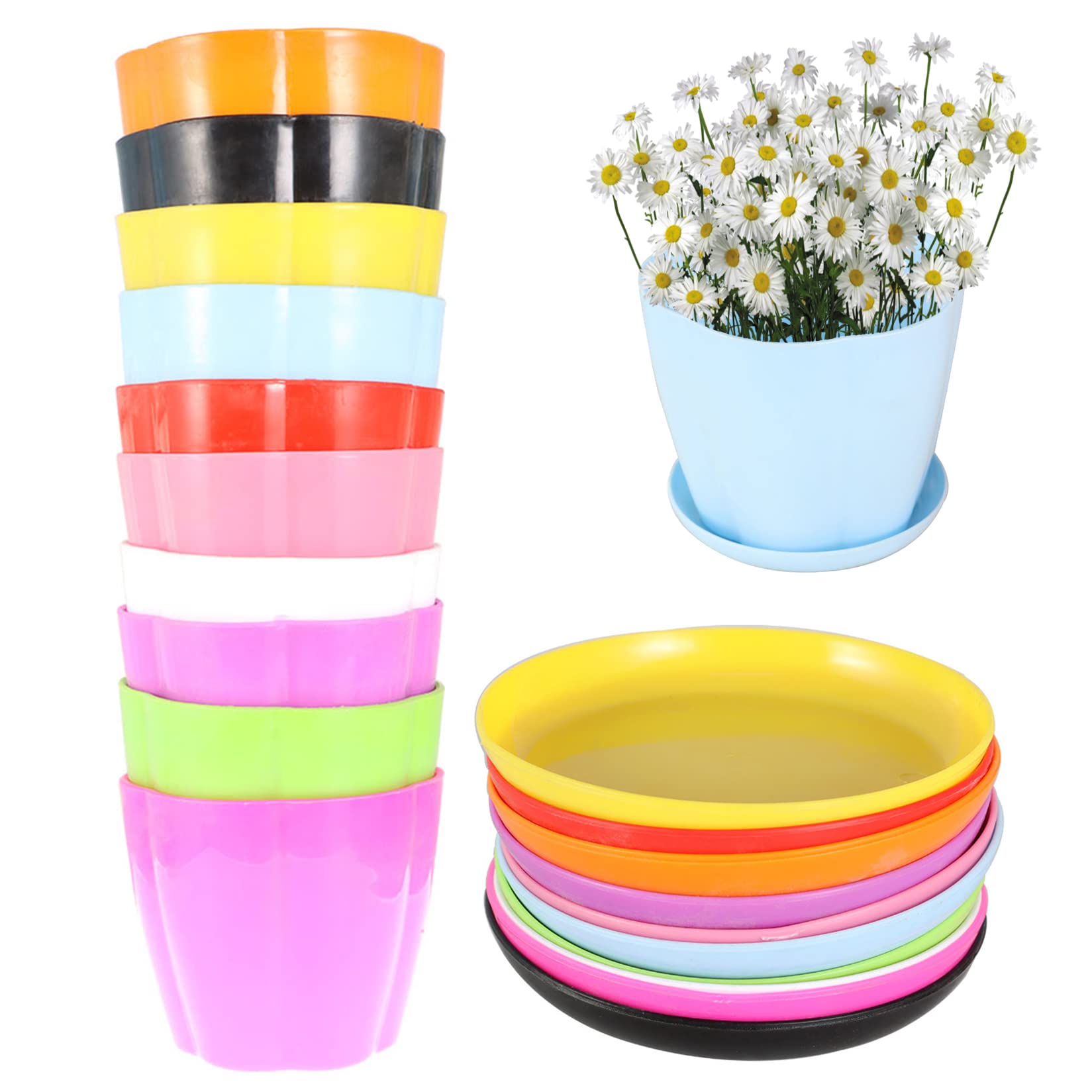 10 Pack Colorful Plastic Flower Seed Starter Pots with Drainage Tray - Small Plant Nursery Containers for Indoor Gardening, Home & Office Decor, DIY Herb Garden, Succulent Planting