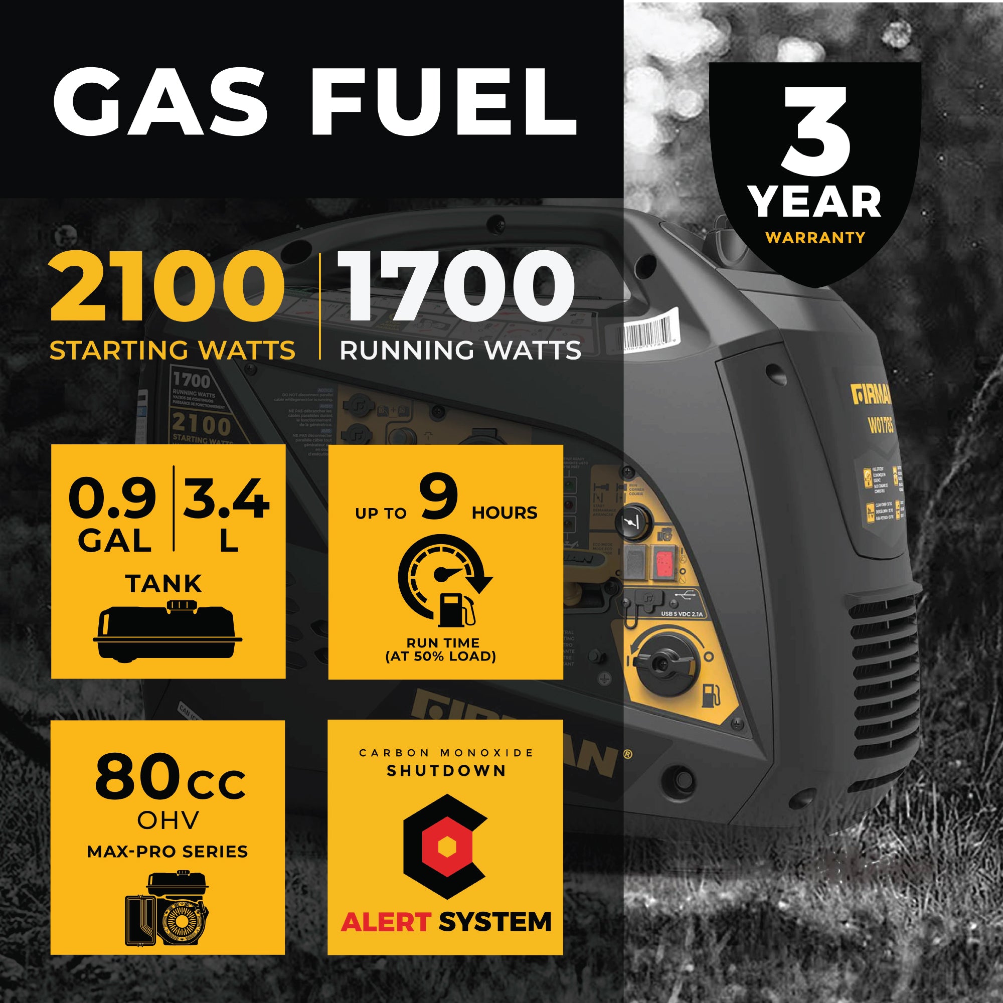 2100W Portable Inverter Generator with Recoil Start & CO Alert - Quiet, Lightweight Power for Camping, RV Trips & Emergency Backup