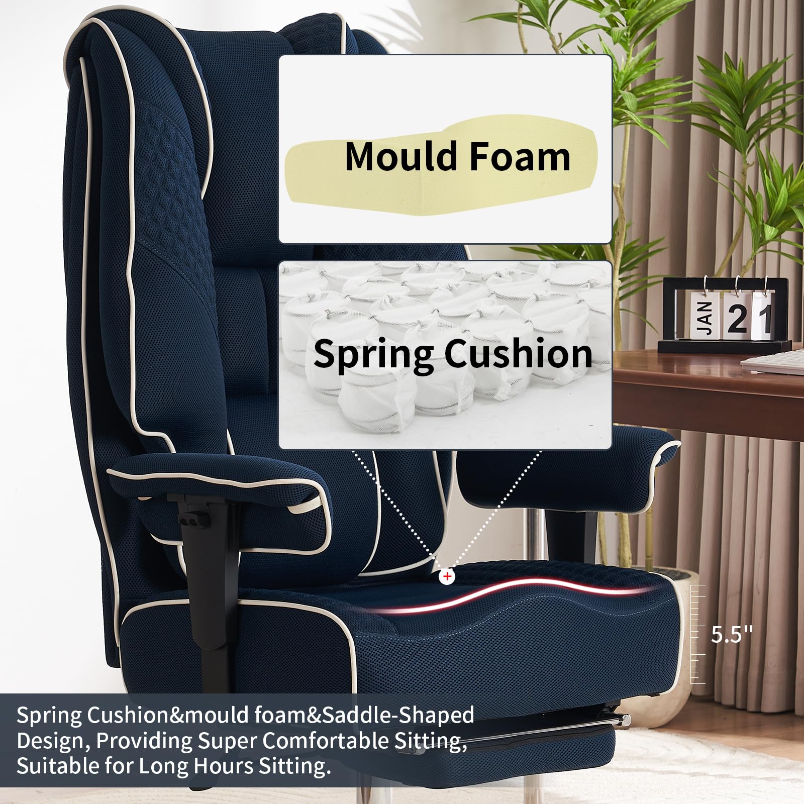 Heavy Duty Big and Tall Office Chair 400lbs Capacity - Wide Seat Ergonomic Executive Chair with Adjustable Lumbar Support & Footrest - Breathable Mesh High Back for Back Pain Relief (Dark Blue) - Perfect for Home Office, Gaming, and Long Work Sessions