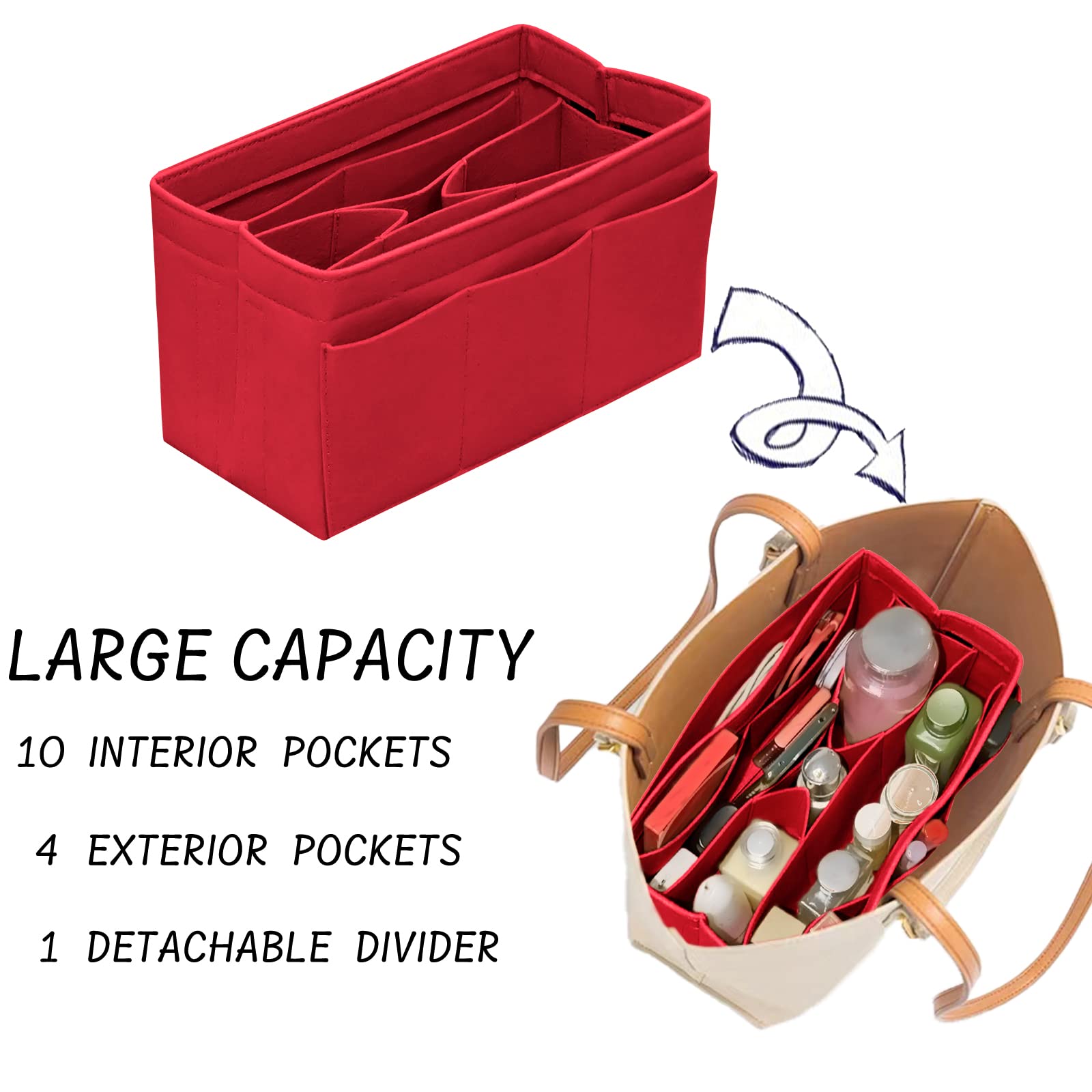 Premium Felt Purse Organizer Insert with 14 Pockets - Extra Large Size in Red | Perfect for Handbags, Totes & Travel Bags to Keep Essentials Neat & Accessible